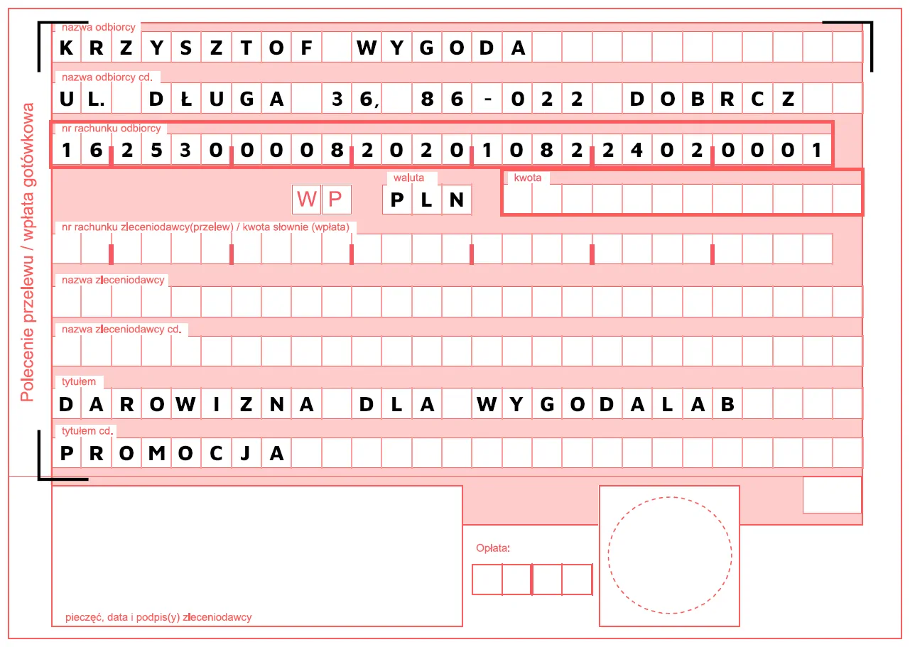 Formularz przelewu darowizny na wsparcie promocji inicjatyw WygodaLab.