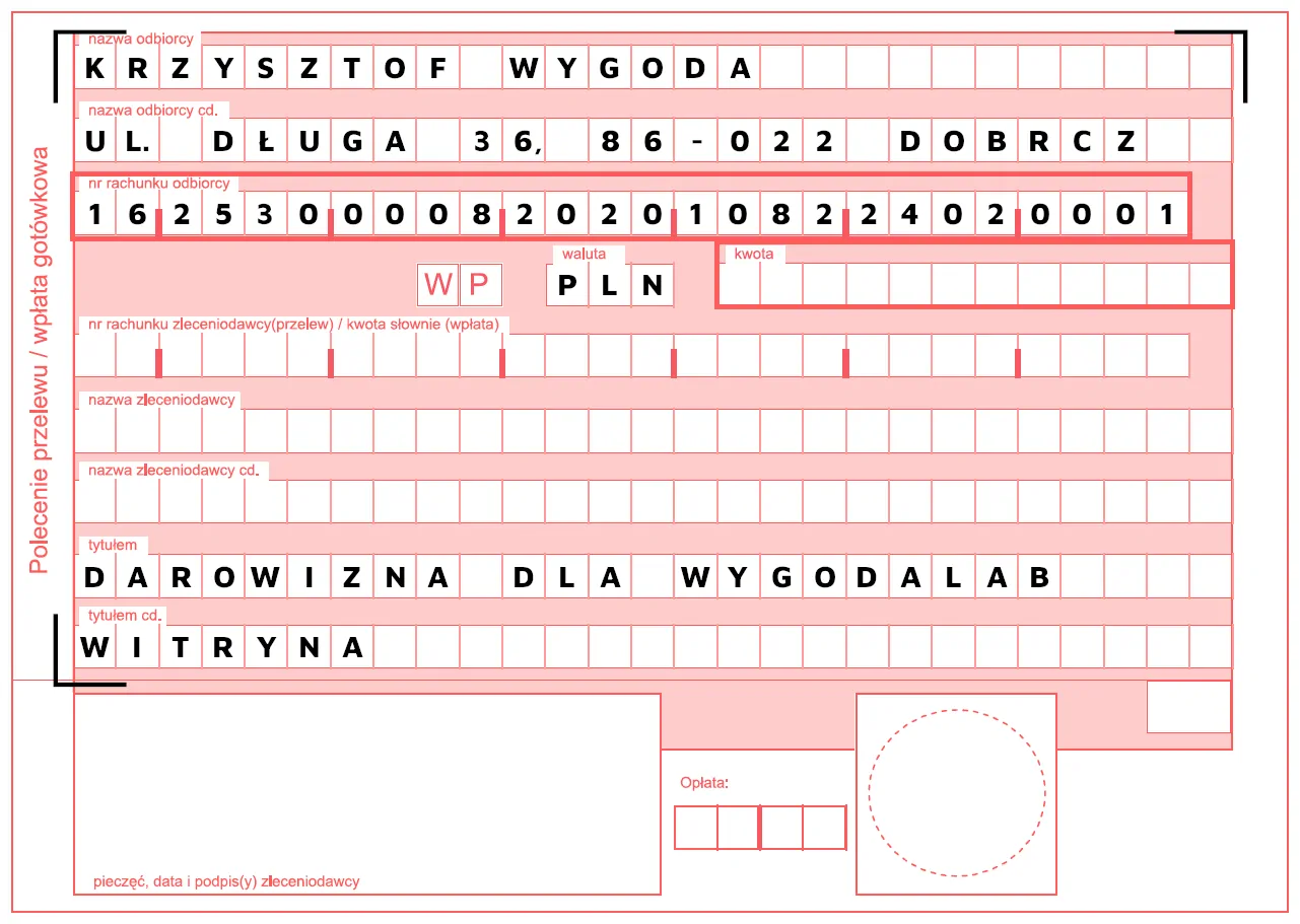 Druk przelewu wpłaty darowizny na wsparcie inicjatywy związanej z witryną WygodaLab.
