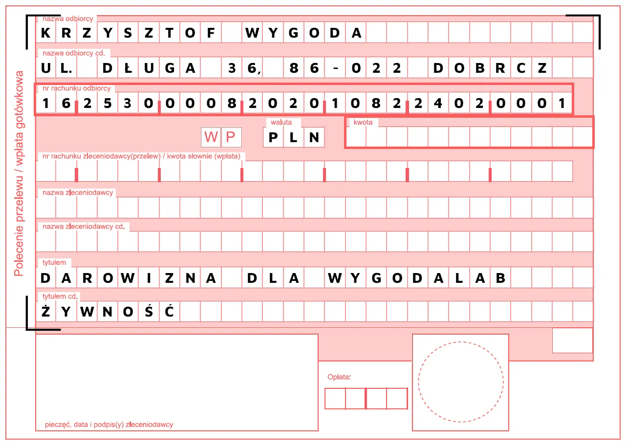 Formularz przelewu darowizny na rzecz projektu WygodaLab – Żywność.