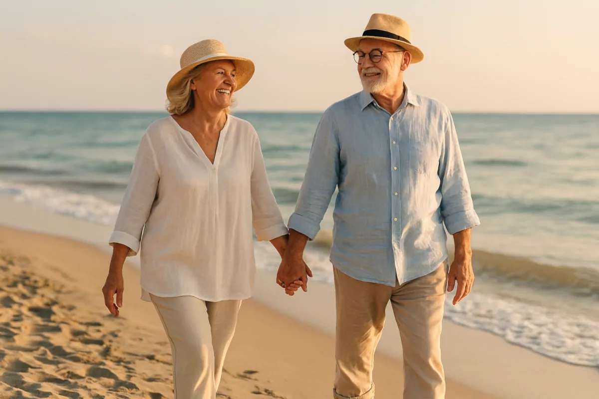 Starsza para trzymająca się za ręce spaceruje po plaży o zachodzie słońca, symbolizując spokój, wolność i niezależność finansową na emeryturze.