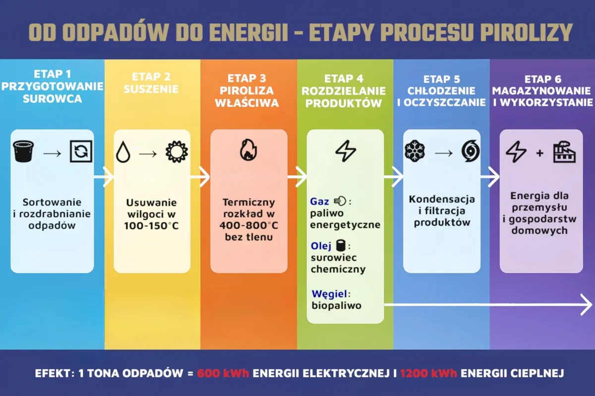 Etapy procesu pirolizy od odpadów do energii – przygotowanie surowca, suszenie, rozkład termiczny, rozdzielanie produktów, oczyszczanie i magazynowanie energii.