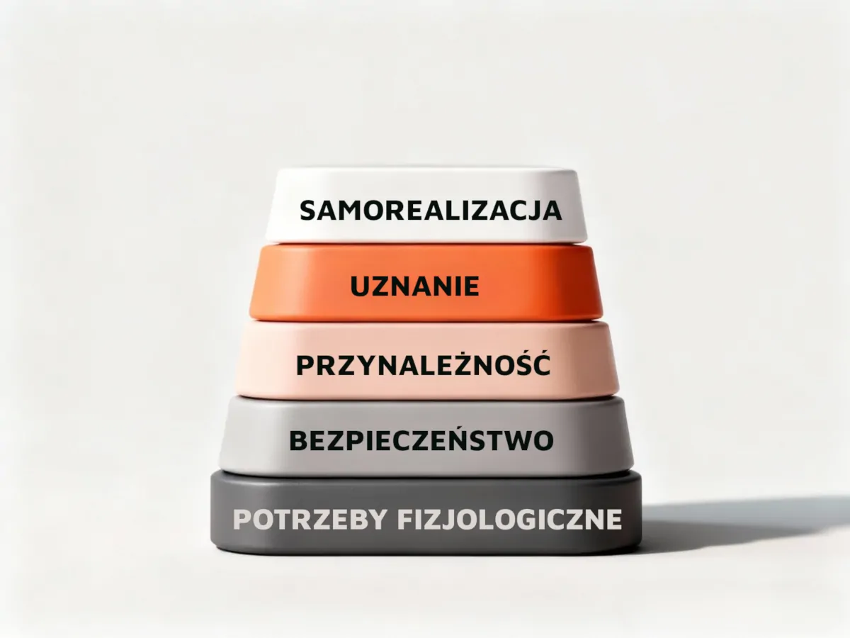 Schemat hierarchii potrzeb Maslowa przedstawiony w formie pięciu poziomów: potrzeby fizjologiczne, bezpieczeństwo, przynależność, uznanie i samorealizacja – jako podstawa motywacji człowieka.