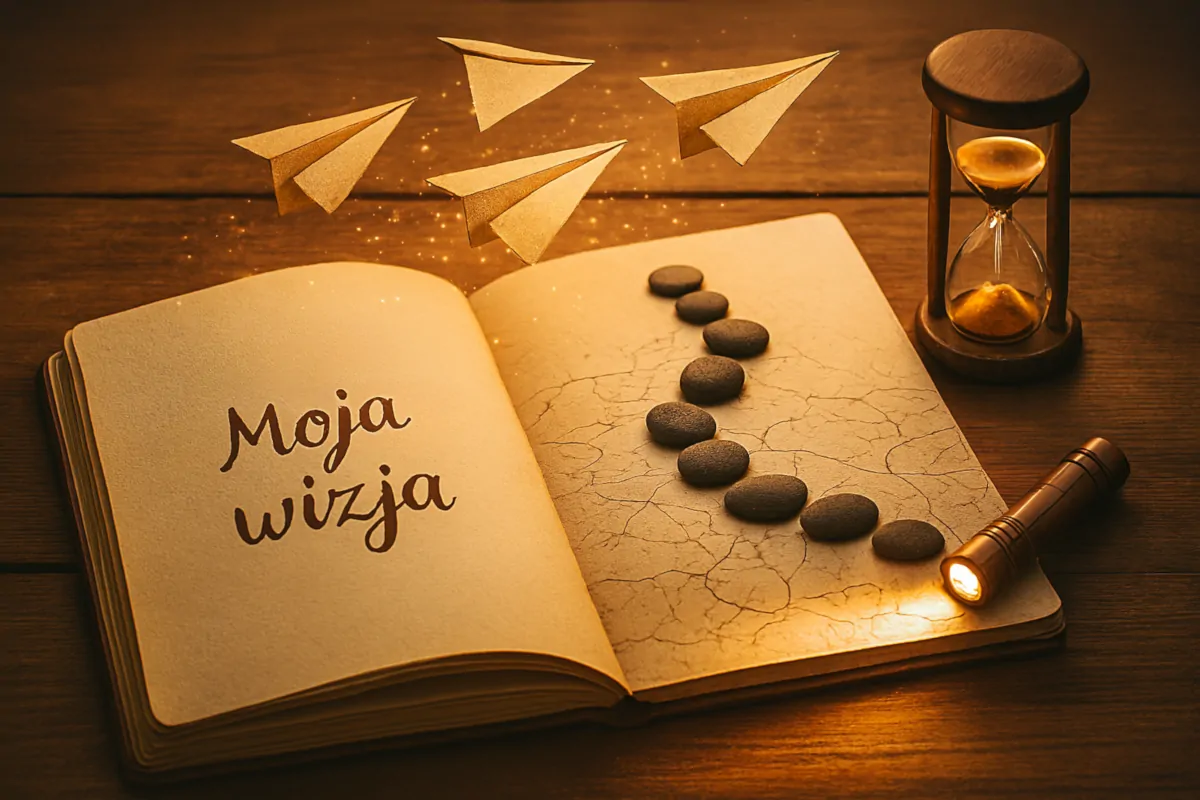 Otwarty notatnik z napisem „Moja wizja”, obok którego leżą kamienie tworzące ścieżkę oraz latające papierowe samoloty – symbol planowania i dążenia do długoterminowych celów.