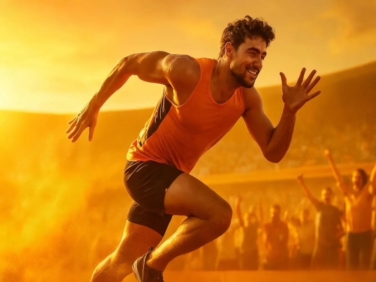 Uśmiechnięty biegacz w pomarańczowej koszulce startuje na stadionie o zachodzie słońca, symbolizując motywację do działania.