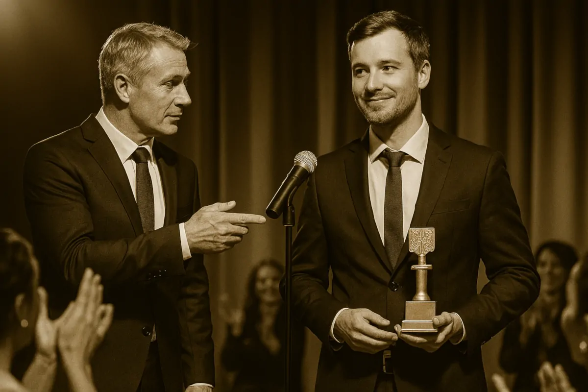 Pracownik w garniturze odbiera nagrodę podczas firmowej gali, co symbolizuje motywację wynikającą z uznania i docenienia osiągnięć zawodowych.