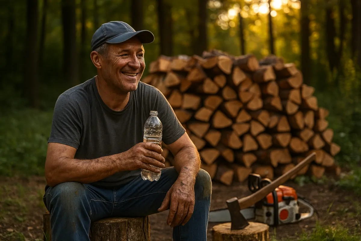 Uśmiechnięty mężczyzna odpoczywający po pracy fizycznej w lesie, trzymający butelkę wody – motywacja do zachowania energii i unikania wypalenia zawodowego.