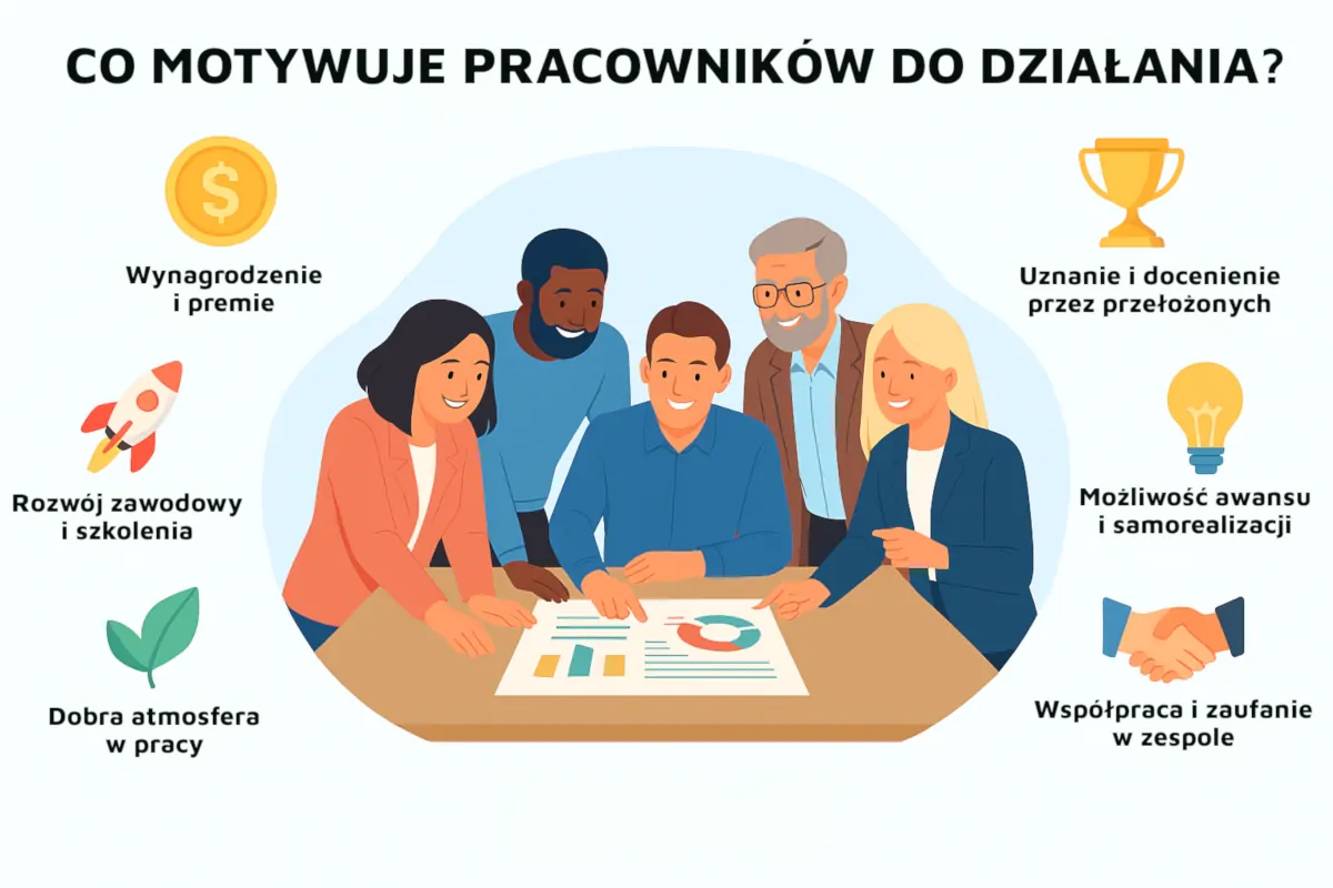 Ilustracja przedstawiająca zespół współpracujących pracowników omawiających wyniki i czynniki motywacji w pracy, takie jak wynagrodzenie, uznanie, rozwój zawodowy i dobra atmosfera.