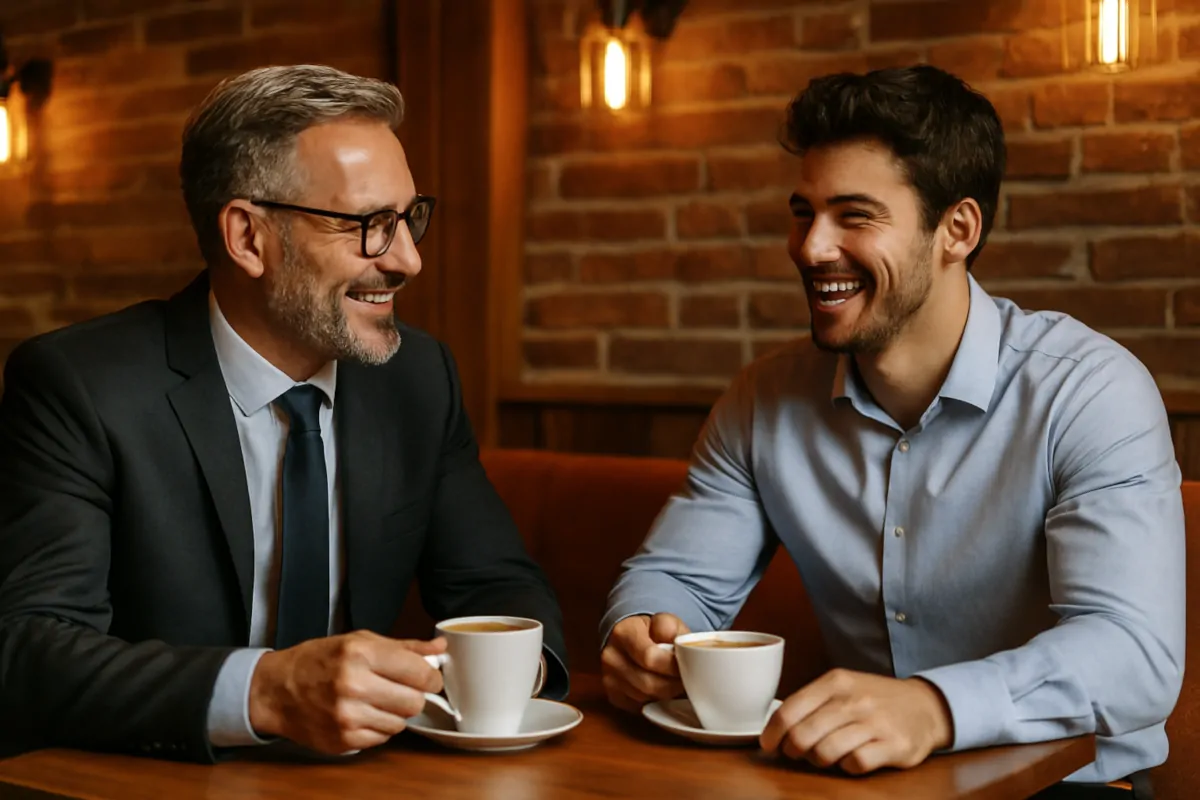 Dwóch mężczyzn rozmawia przy kawie w biurze o motywacji pracowników.