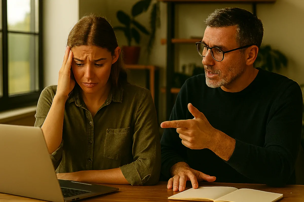 Przełożony krytykujący pracownicę przy komputerze jako przykład motywacji zewnętrznej opartej na karach.