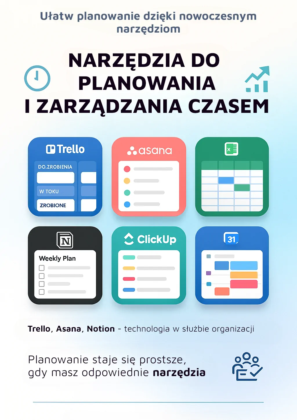 Grafika przedstawiająca popularne narzędzia do planowania i zarządzania czasem, takie jak Trello, Asana, Notion, ClickUp, Excel i Kalendarz Google, wspierające efektywne planowanie i organizację pracy.