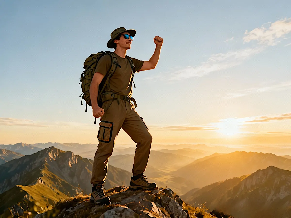 Mężczyzna z plecakiem stojący na szczycie góry o wschodzie słońca, symbolizujący niezależność finansową i osobistą.