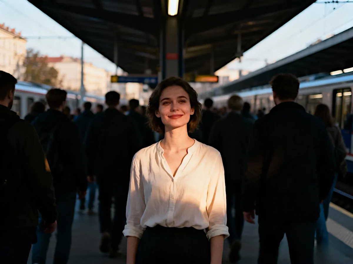 Kobieta stojąca na peronie wśród tłumu ludzi, symbolizująca niezależność i autentyczność w społeczeństwie.