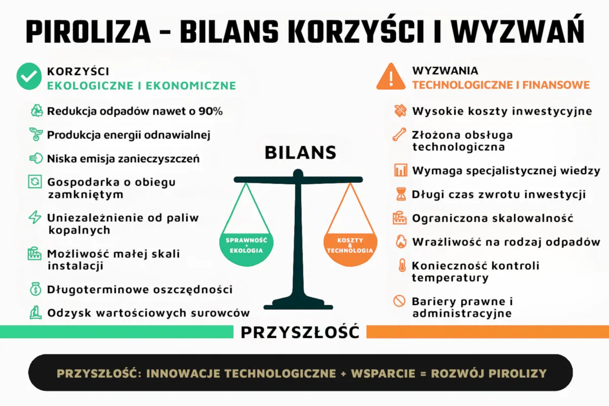 Bilans korzyści i wyzwań procesu pirolizy – zalety ekologiczne i ekonomiczne kontra wyzwania technologiczne i finansowe.