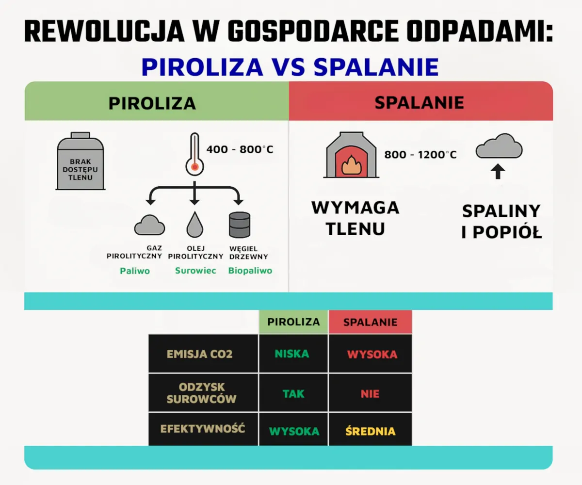 Porównanie procesów pirolizy i spalania odpadów – różnice w emisji CO2, odzysku surowców oraz efektywności.