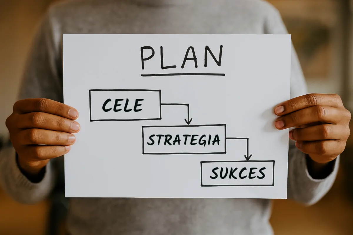 Osoba trzyma kartkę z napisem „PLAN” oraz schematem pokazującym etapy planowania: cele, strategia, sukces.