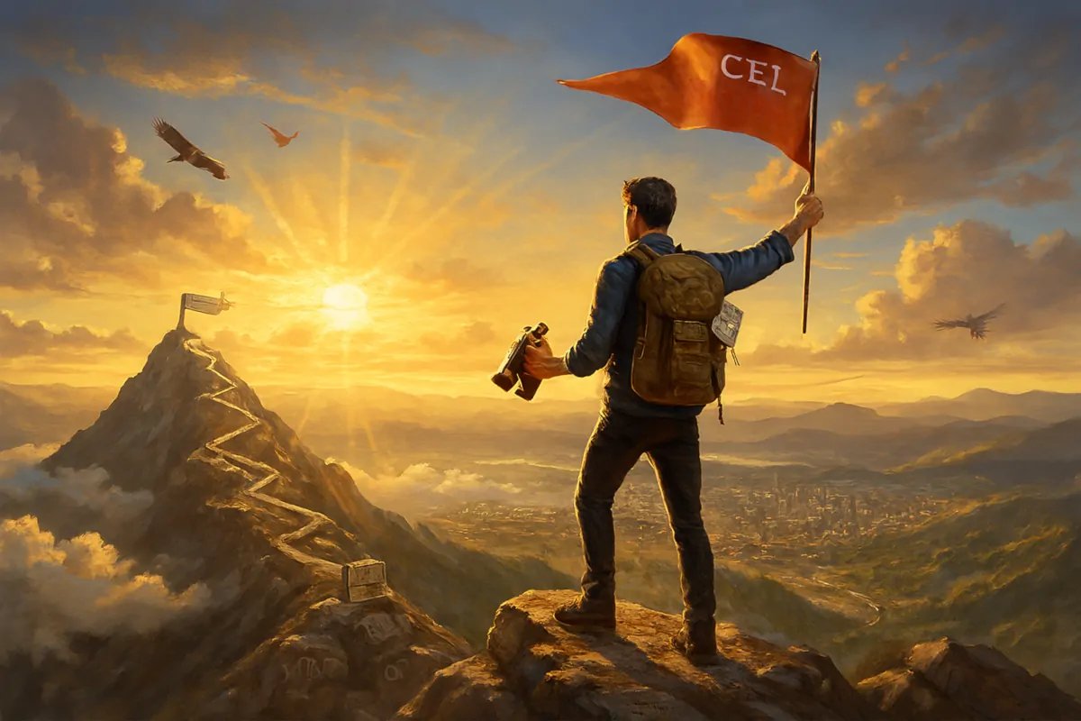 Osoba stojąca na szczycie góry z flagą z napisem „Cel”, symbolizująca osiągnięcie długoterminowych celów dzięki skutecznemu planowaniu.