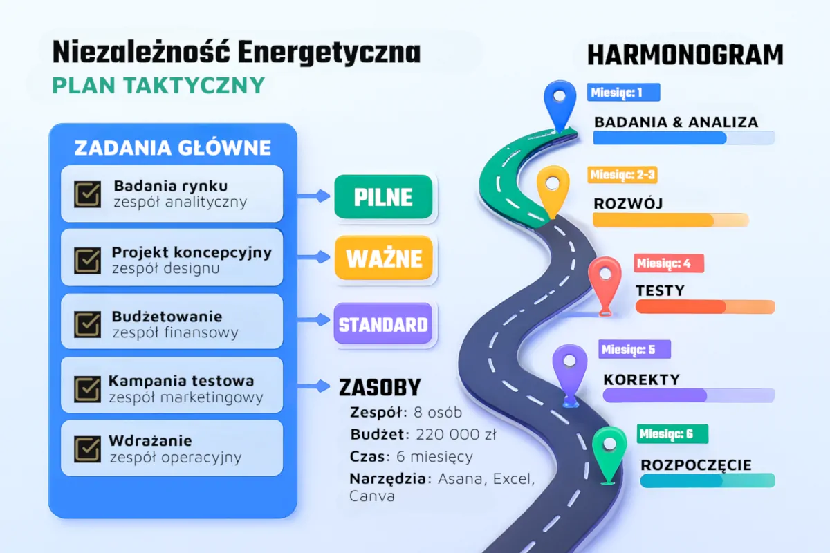 Schemat planowania taktycznego przedstawiający etapy realizacji projektu: badania, rozwój, testy, korekty i rozpoczęcie, wraz z listą zadań głównych i zasobów potrzebnych do osiągnięcia celu.