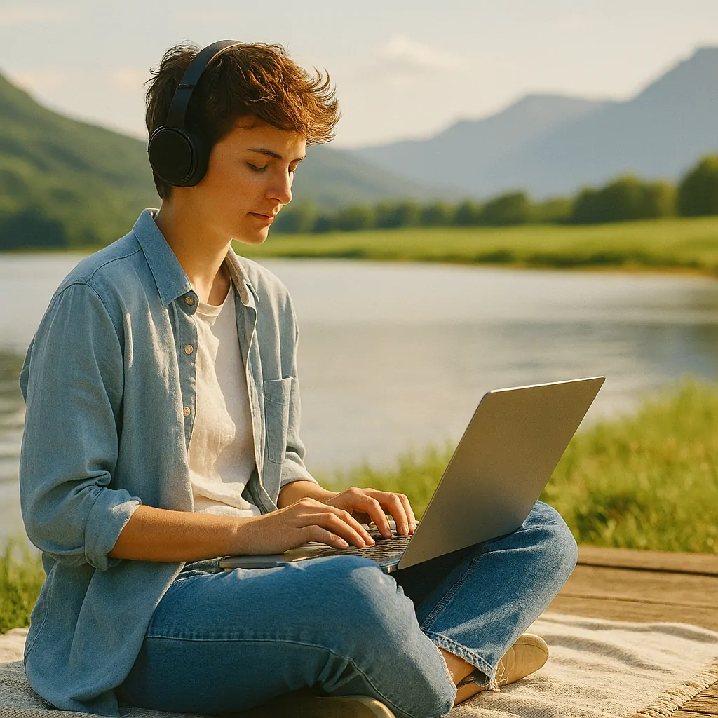 Osoba pracująca z laptopem nad jeziorem symbolizująca niezależność zawodową, wolność pracy z dowolnego miejsca i równowagę między życiem a pracą.