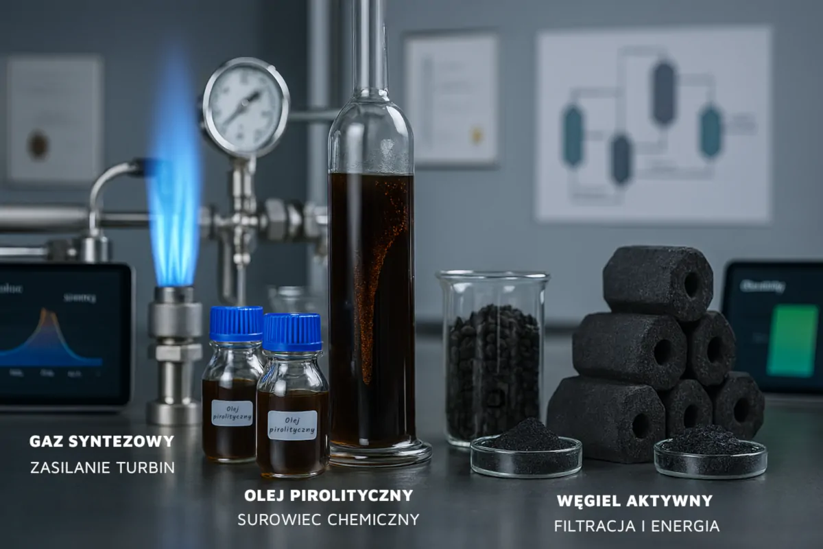 Produkty procesu pirolizy: gaz syntezowy, olej pirolityczny i węgiel aktywny wykorzystywane w energetyce i chemii.