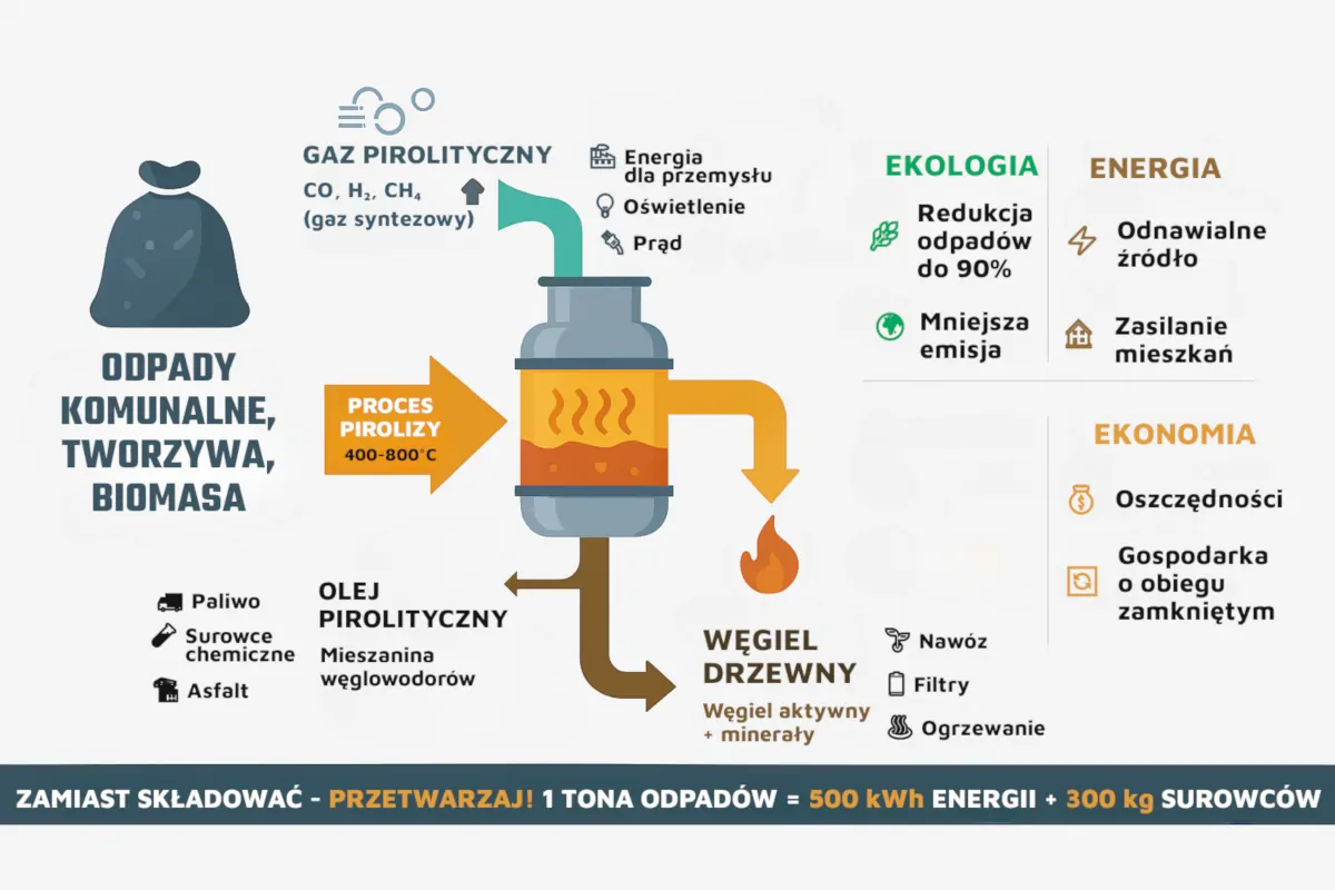 Produkty procesu pirolizy odpadów – gaz pirolityczny, olej pirolityczny i węgiel drzewny wykorzystywane jako energia, surowce i biopaliwo.
