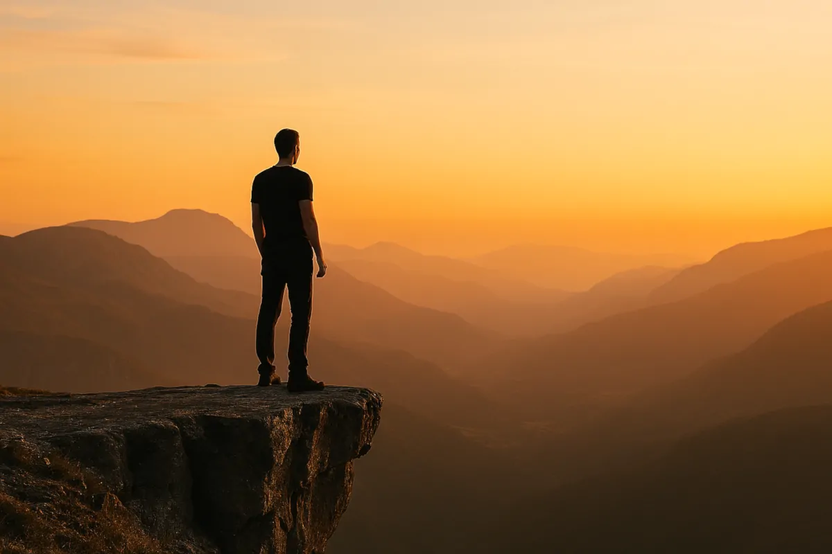 Mężczyzna stojący na krawędzi skały o zachodzie słońca, symbolizujący refleksję nad niezależnością i jej pułapkami.