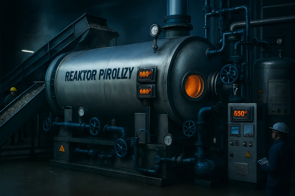 Reaktor pirolizy wykorzystywany w procesie termicznego przetwarzania odpadów w nowoczesnej instalacji przemysłowej.
