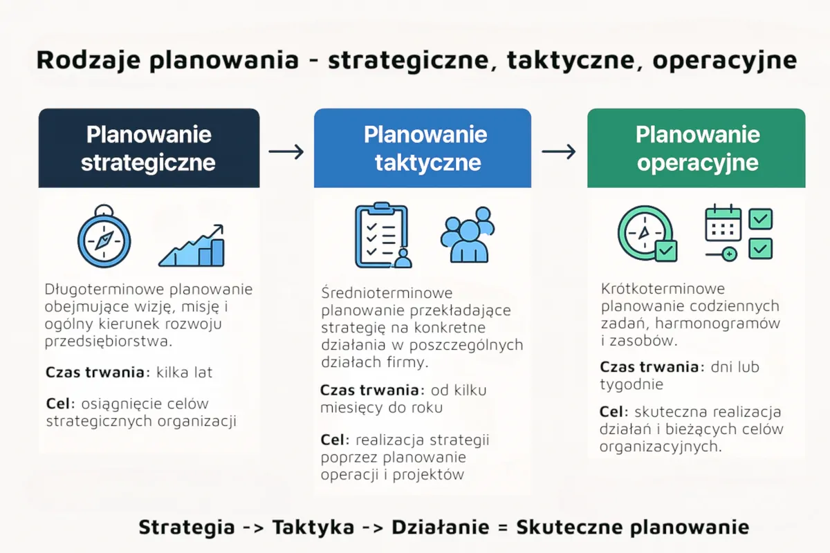 Schemat przedstawiający trzy rodzaje planowania: strategiczne, taktyczne i operacyjne – wraz z opisem ich celów, czasu trwania i zastosowania.