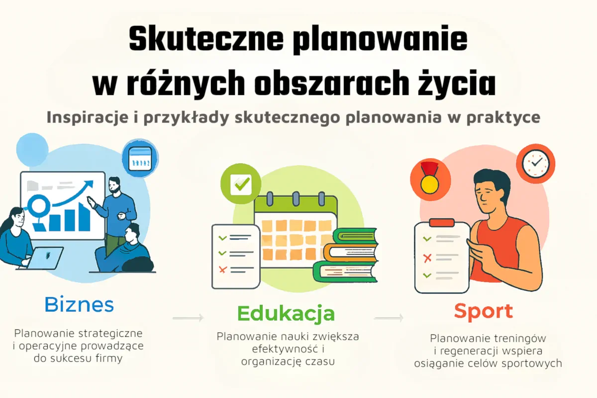 Grafika przedstawiająca skuteczne planowanie w różnych obszarach życia: biznesie, edukacji i sporcie, z przykładami jak planowanie pomaga osiągać cele i zwiększać efektywność działań.
