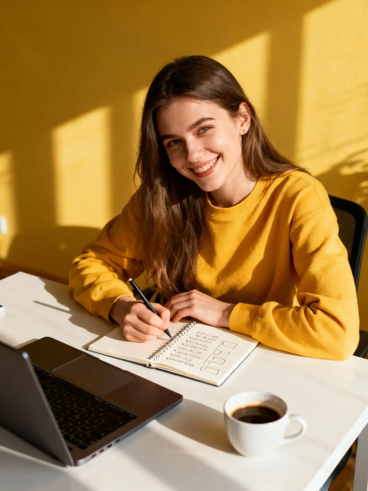 Uśmiechnięta kobieta planująca zadania w notesie przy laptopie jako przykład skutecznych sposobów na zwiększenie motywacji.