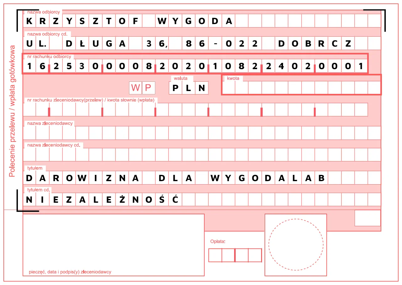 Formularz wpłaty darowizny na projekt wspierający budowę niezależności w społeczeństwie.
