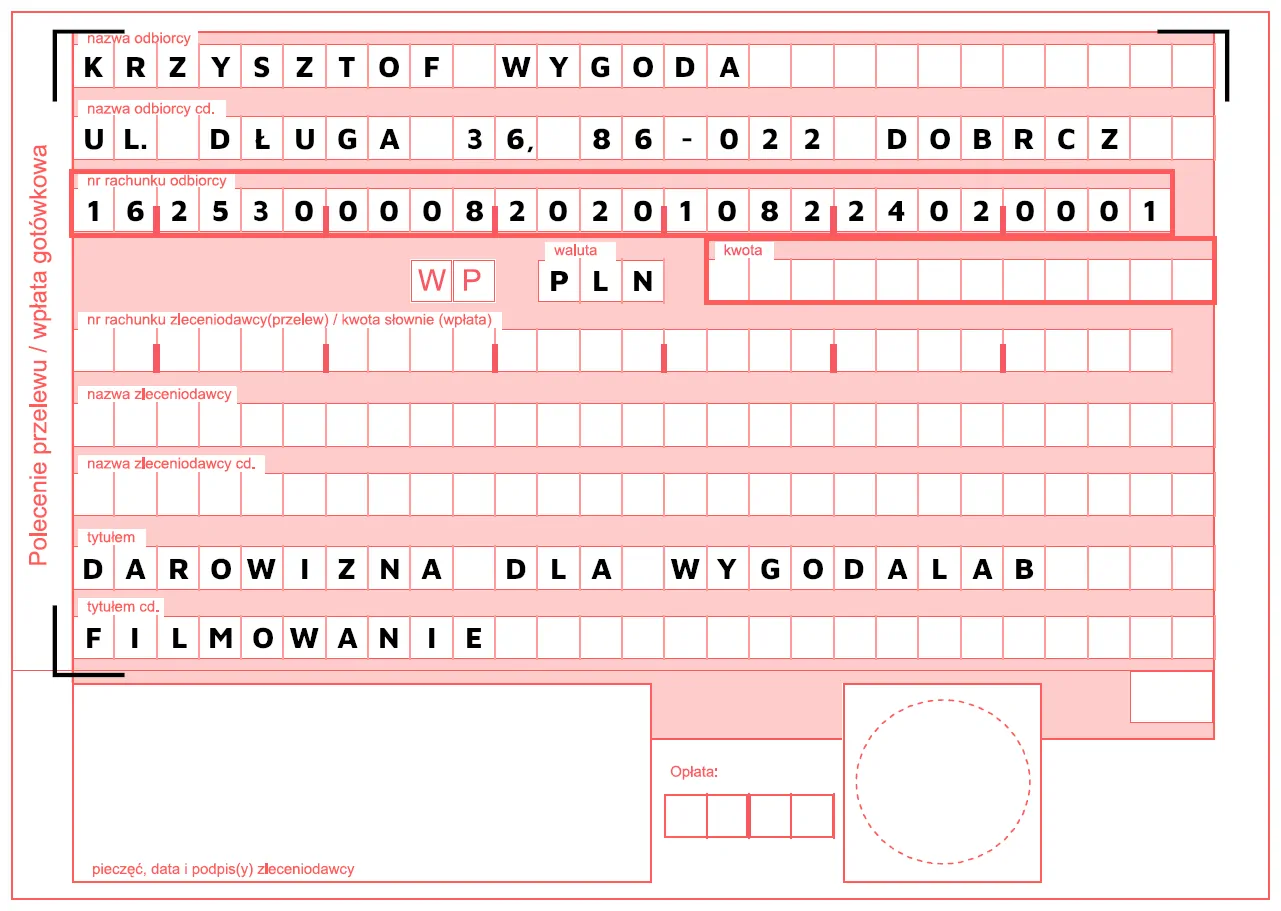 Formularz przelewu darowizny na rzecz inicjatywy filmowej wspierającej projekty społeczne i lokalne.