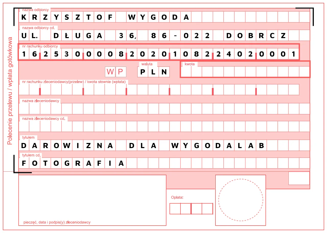 Formularz przelewu darowizny na rzecz inicjatywy związanej z fotografią i projektami oddolnymi.