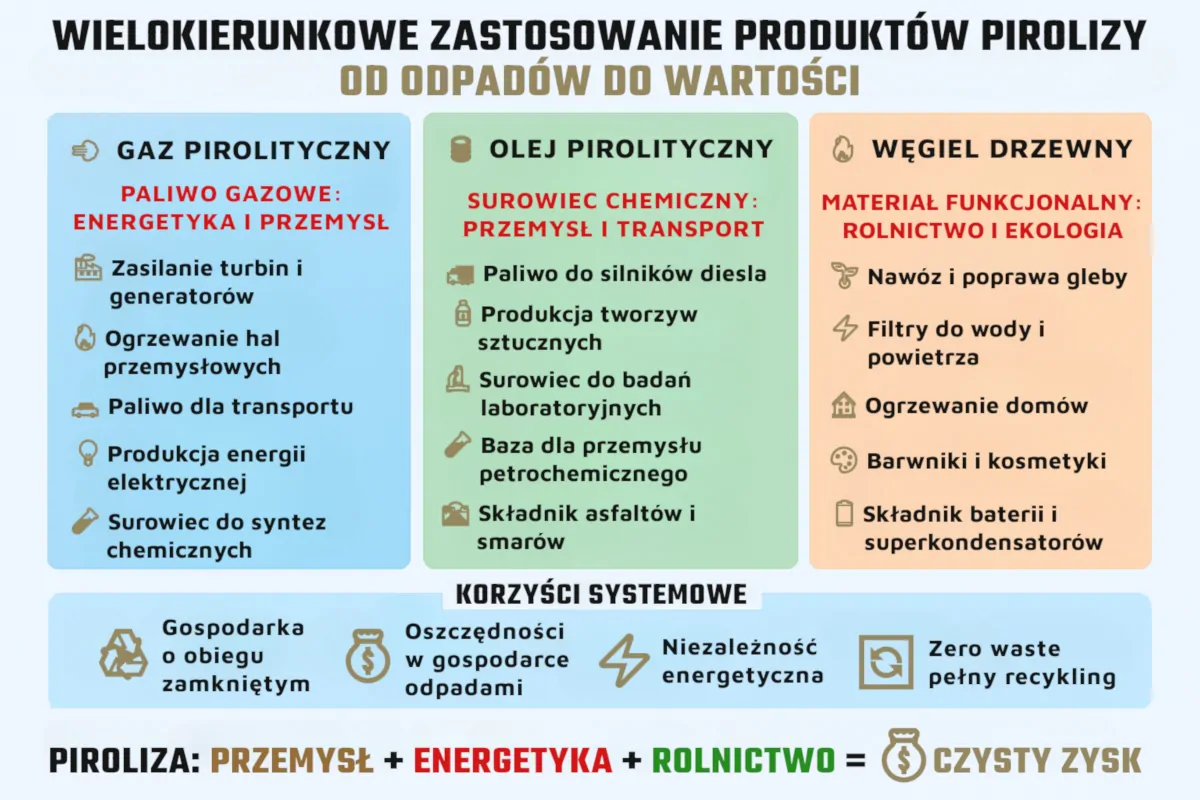 Wielokierunkowe zastosowanie produktów pirolizy: gaz pirolityczny, olej pirolityczny i węgiel drzewny – korzyści dla przemysłu, energetyki i rolnictwa.
