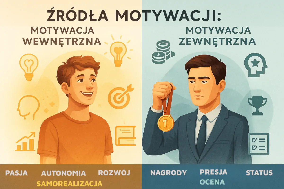 Ilustracja przedstawiająca źródła motywacji: motywacja wewnętrzna oparta na pasji, autonomii, rozwoju i samorealizacji oraz motywacja zewnętrzna związana z nagrodami, presją, oceną i statusem.